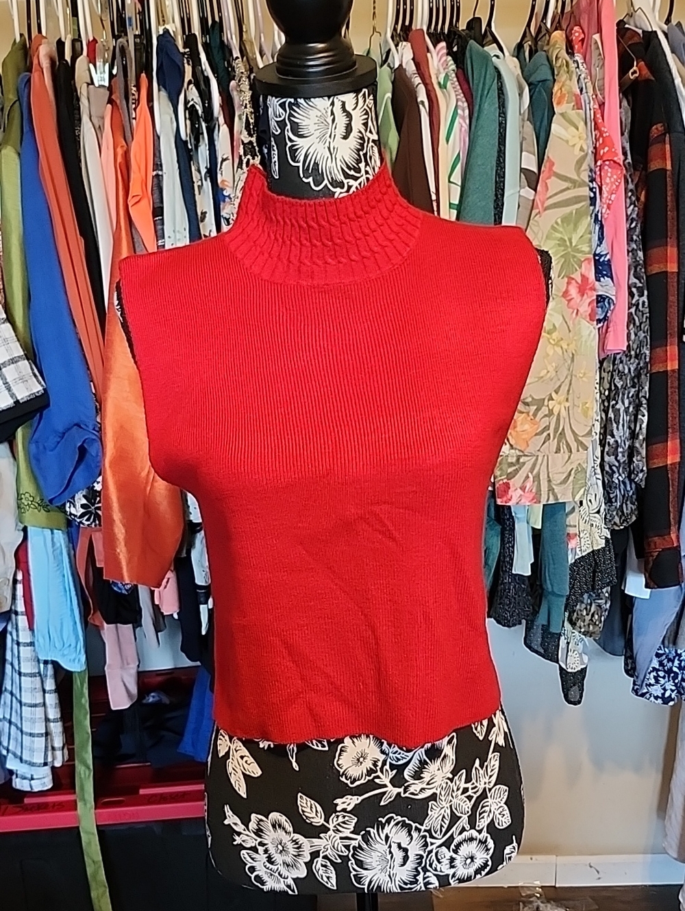 Sleeveless Red Mock-Neck Knit Shell